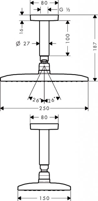 Верхний душ Raindance E 240 AIR 1jet, потолочное подсоединение 100 мм, ½’ AXOR. Технические характеристики