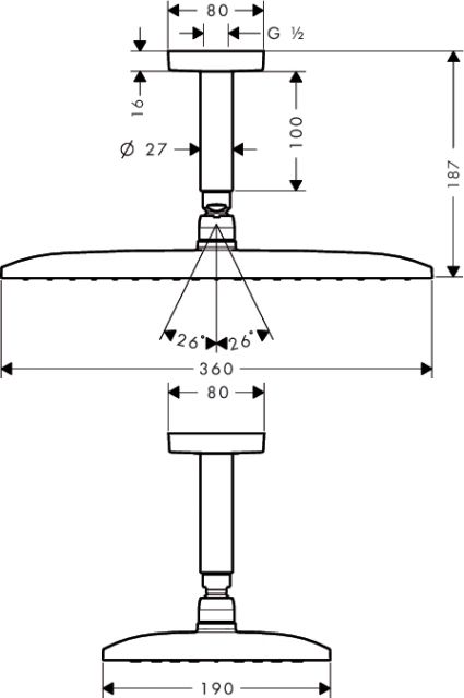 Верхний душ Raindance E 360 AIR 1jet, потолочное подсоединение 100 мм, ½’ AXOR. Технические характеристики