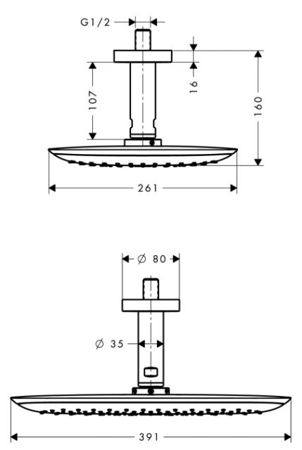 Верхний душ PuraVida Ø 400 мм, потолочное подсоединение 100 мм, ½’ Hansgrohe. Технические характеристики