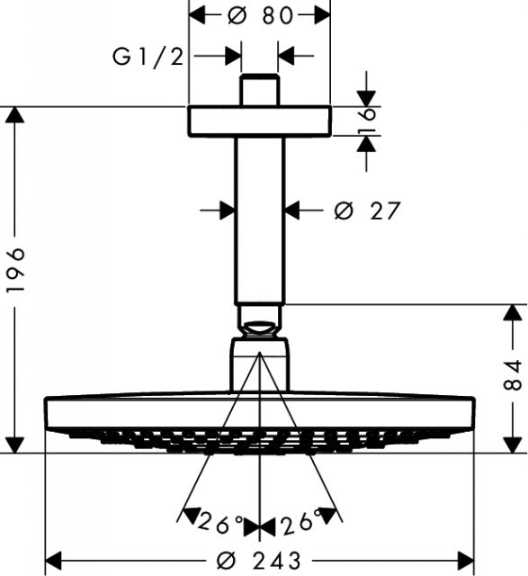 Верхний душ Raindance Select S 240  2jet с потолочным подсоединением, ½’ Hansgrohe. Технические характеристики