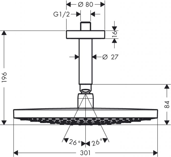 Верхний душ Raindance Select S 300 2jet с потолочным подсоединением, ½’ Hansgrohe. Технические характеристики