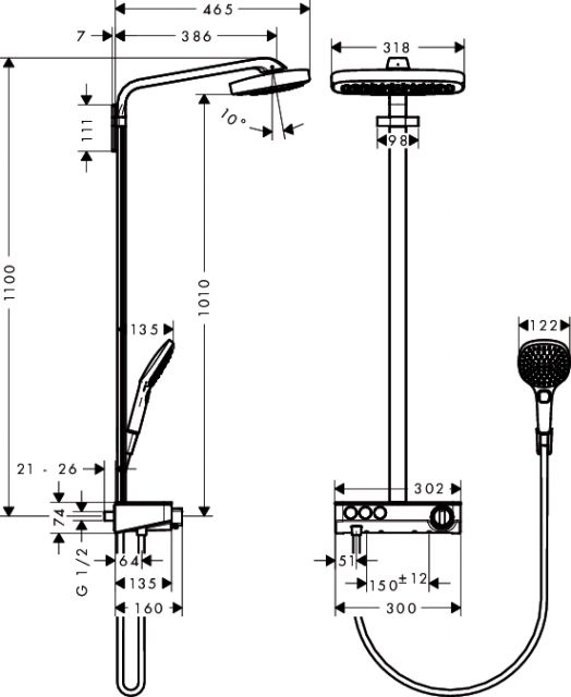 Raindance Select E 300 3jet Showerpipe, ½’ Hansgrohe. Технические характеристики