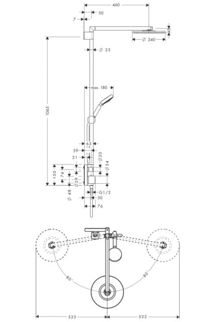 Raindance S Showerpipe, 240мм, держатель душа 460 мм, СМ, ½’ Hansgrohe. Технические характеристики