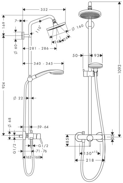 Croma 100 Showerpipe, с однорычажным cмесителем, ½’ Hansgrohe. Технические характеристики