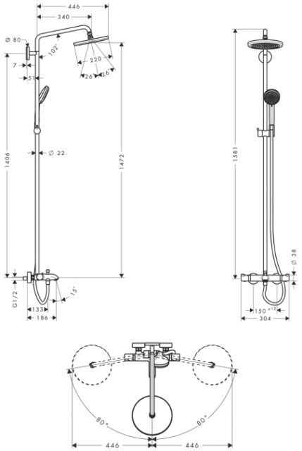 Croma 220 Showerpipe для ванны, поворотный держатель 400 мм, ½’ Hansgrohe. Технические характеристики