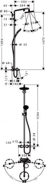 Raindance Select S 240 Showerpipe для ванны, поворотный держатель 450 мм, ½’ Hansgrohe. Технические характеристики