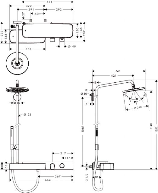 Showerpipe с термостатом, ½’ AXOR. Технические характеристики