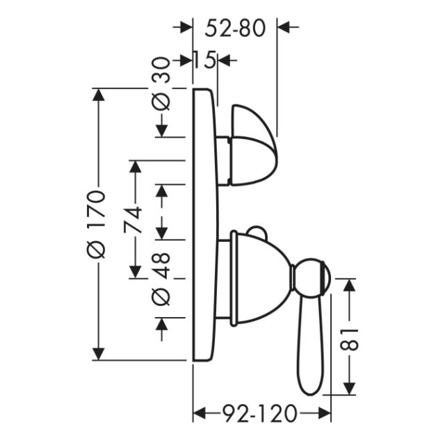 Термостат с запорным/переключающим вентилем, с рычаговой рукояткой, СМ AXOR. Технические характеристики