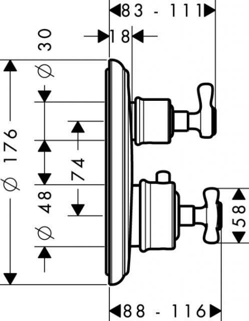 Термостат Ecostat E с запорным/переключающим вентилем, СМ AXOR. Технические характеристики